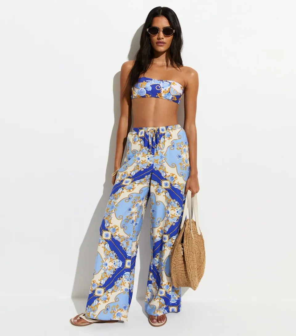 Women's Blue Treasure Print Beach Wide Leg Trousers