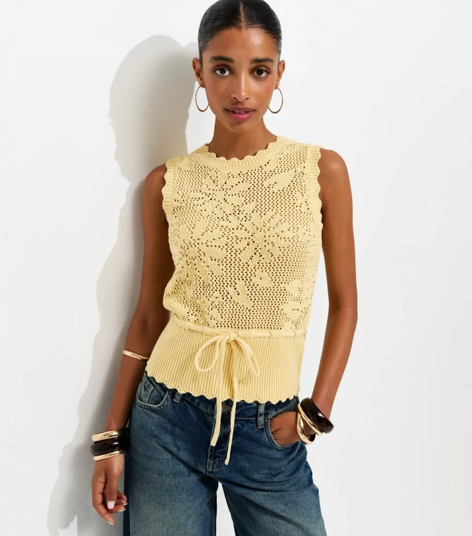 Women's Light Yellow Cotton Rich Floral Tie Waist Vest