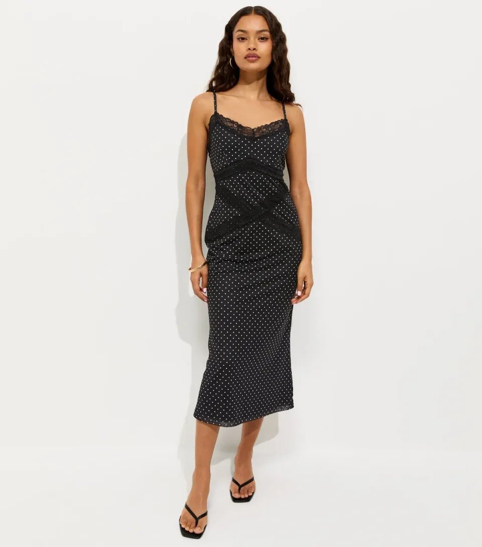 Women's Petite Black Spot Print Lace Trim Mesh Midi Dress