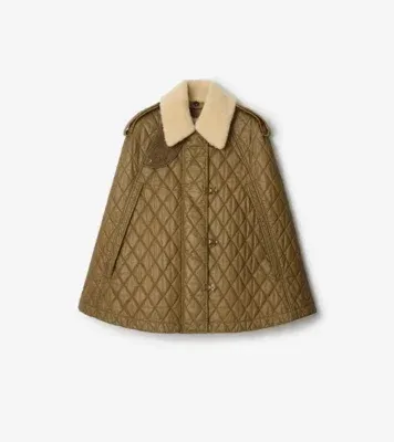 Shearling Collar Quilted Cotton Heath Cape in Walrus brown/hemlock beige