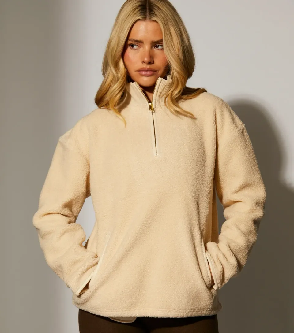 Women's Cream Fleece Back Faux Shearling Quarter Zip Jumper
