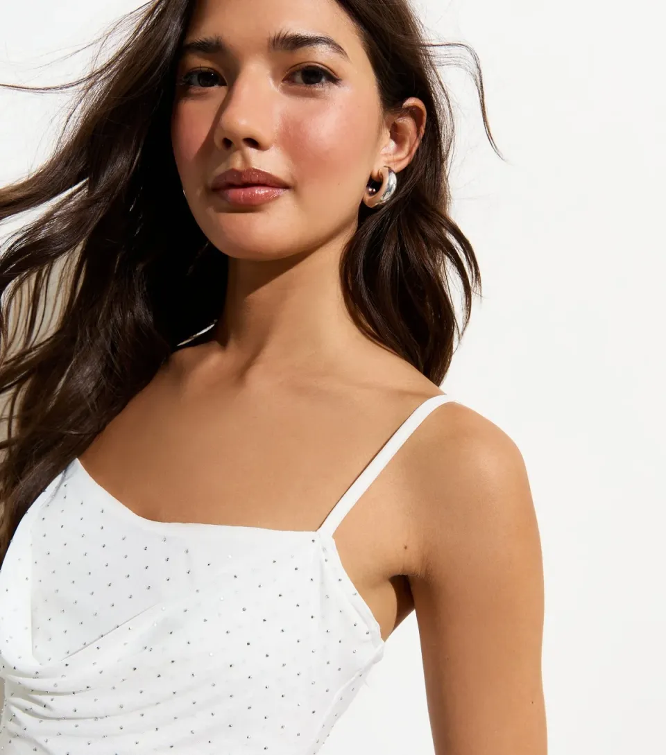 Women's White Diamanté-Embellished Mesh Cowl-Neck Bodysuit