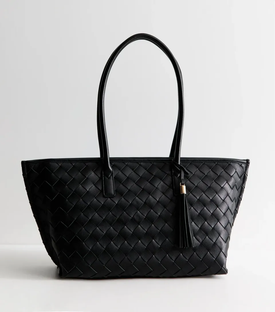 Black Faux Leather Woven Tote Bag