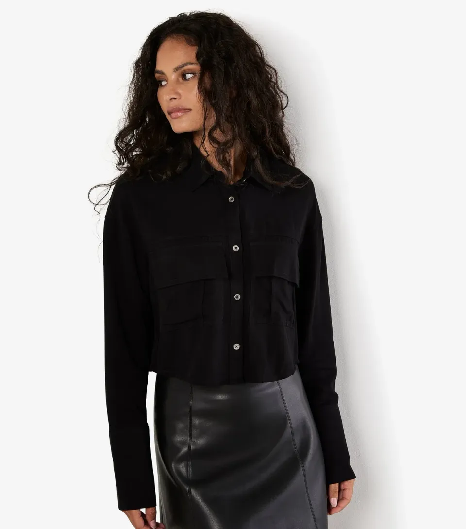 Women's Black Twill Cropped Shirt