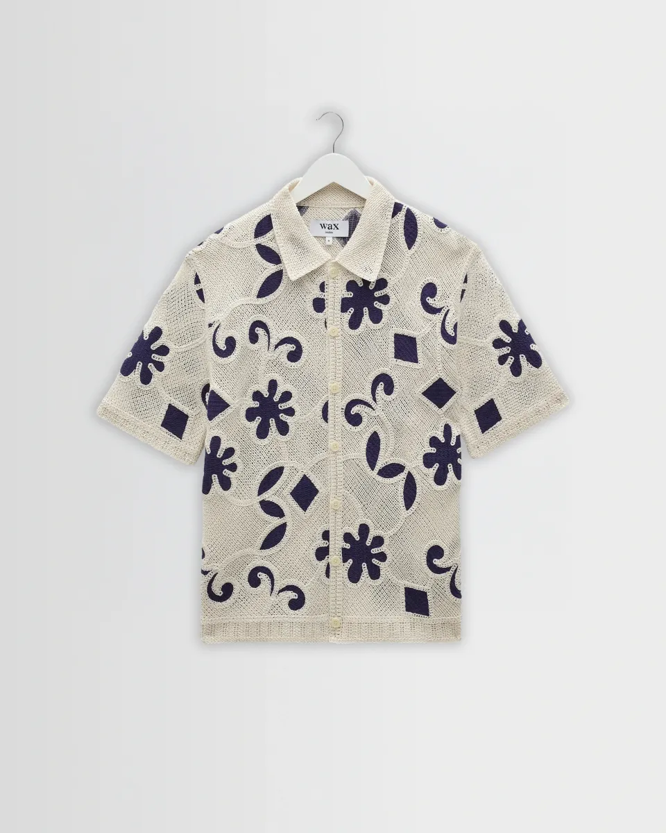 Porto - Ecru and Navy Doodle Crochet Knitted Shirt