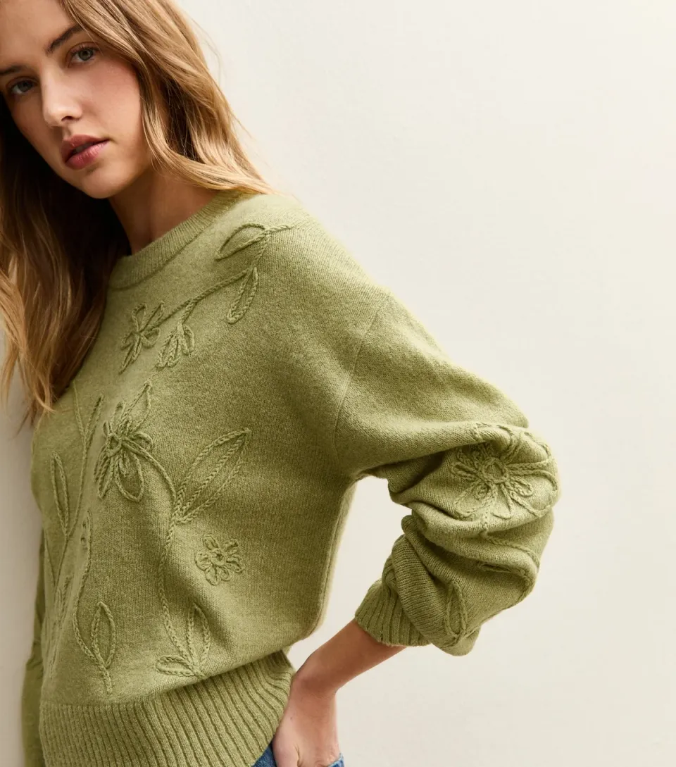 Women's Camel Floral Embroidered Jumper
