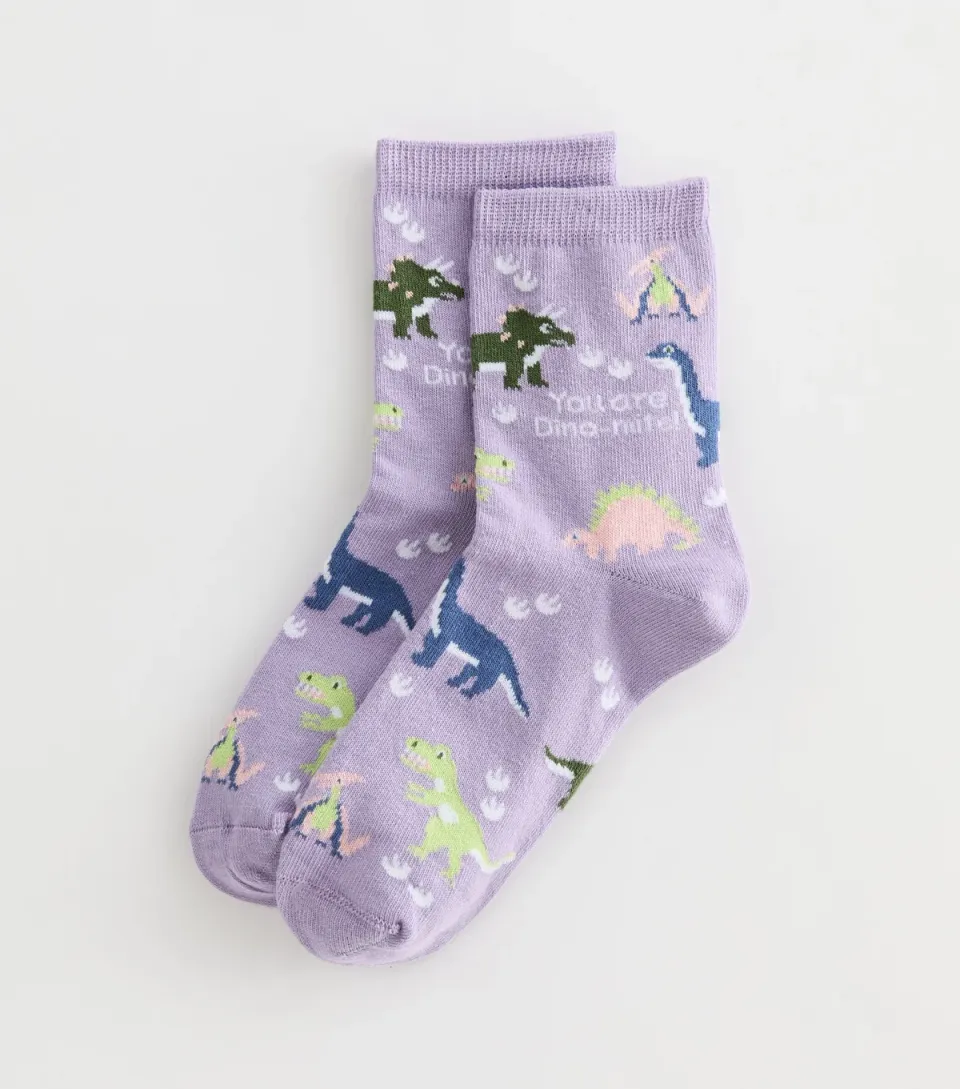 Purple Dinosaur Patterned Slogan Ankle Socks