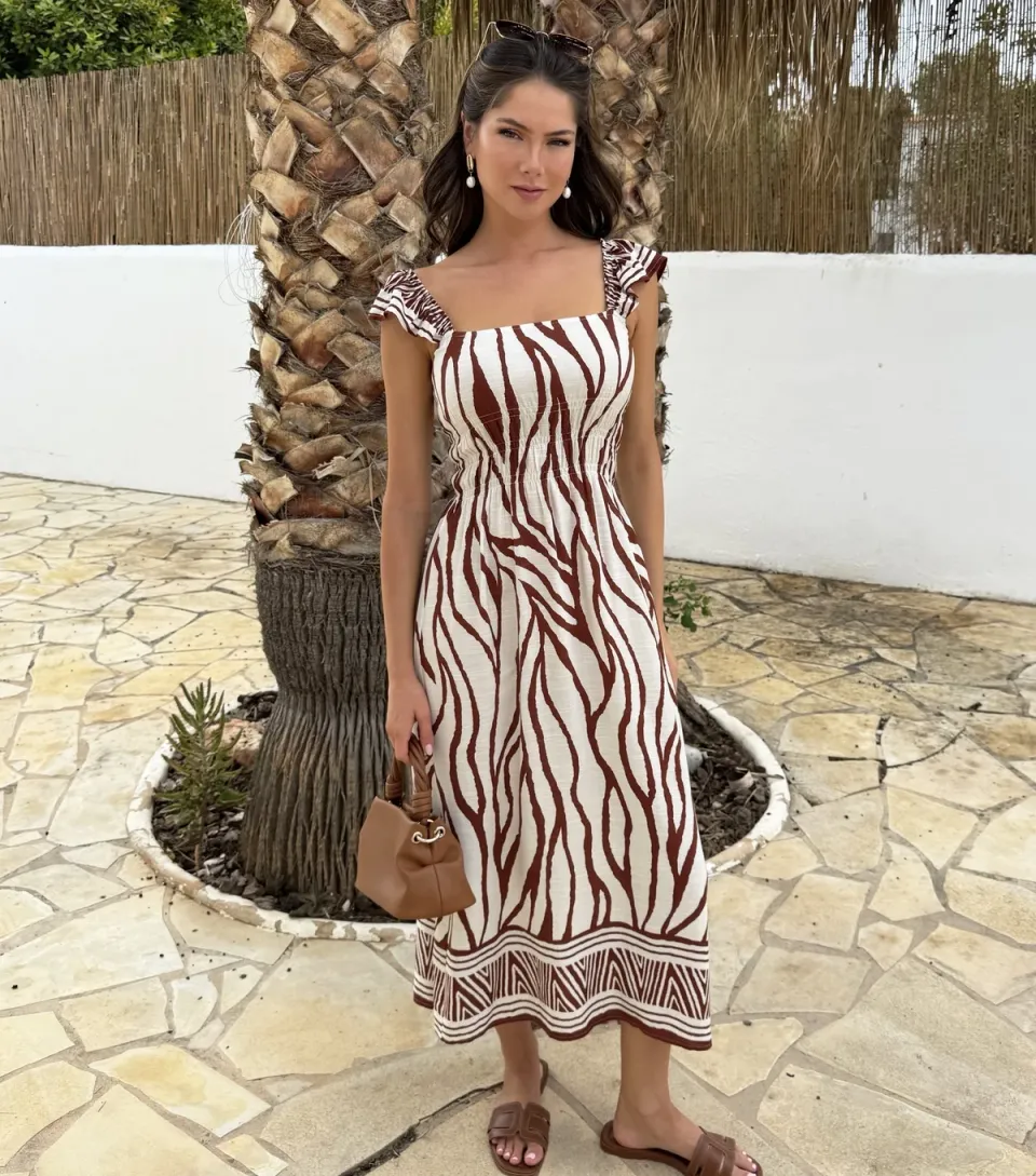 Women's Cream Frill Strap Midi Dress
