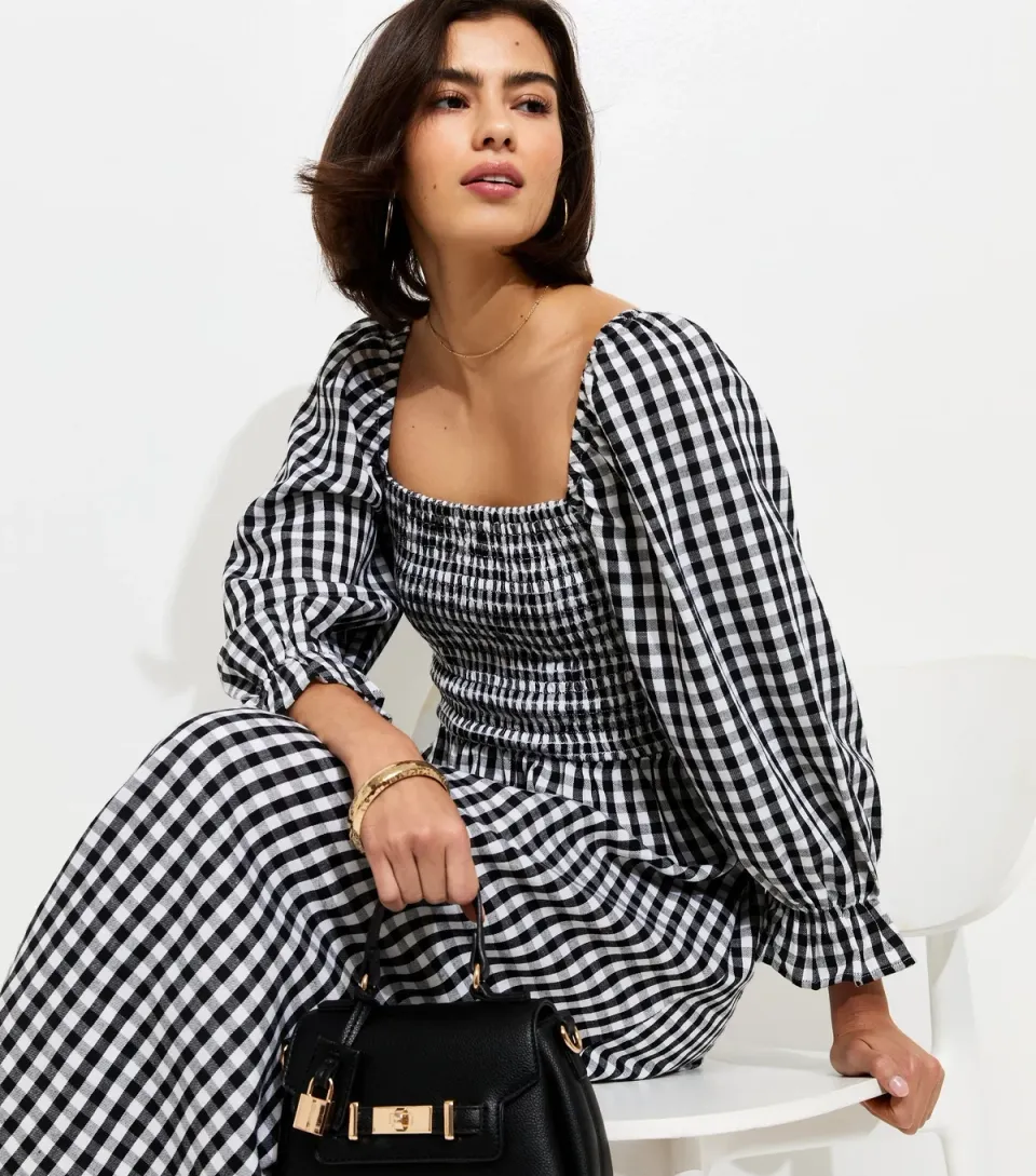 Women's Black Gingham Shirred Cropped Puff Sleeve Midi Dress