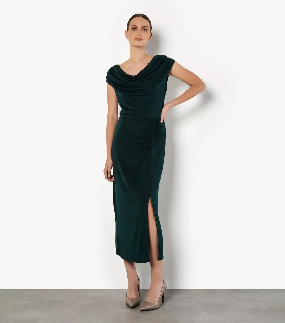 Women's Dark Green Shiny Ruched Cowl Neck Midi Dress