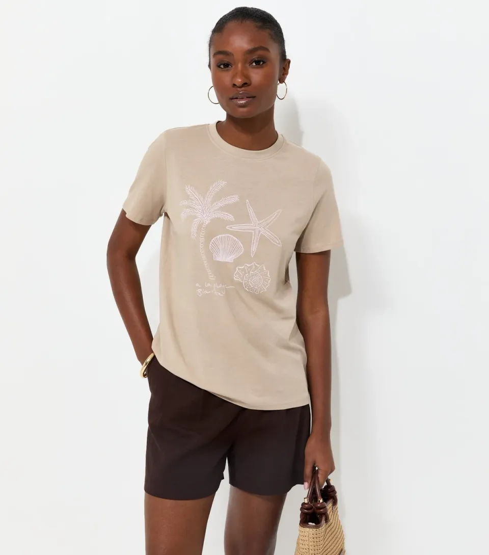 Women's Mink Cotton Palm Shell Print Relaxed T-Shirt
