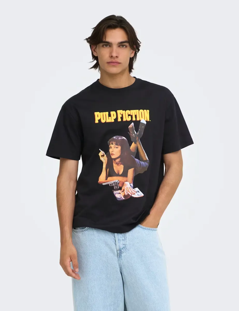 Pure Cotton Pulp Fiction Crew Neck T-Shirt Black Mix