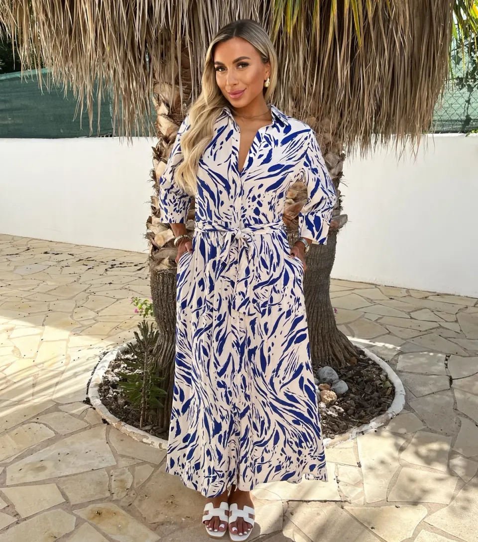 Women's Blue Brush Stroke Print Crop Sleeve Midi Shirt Dress