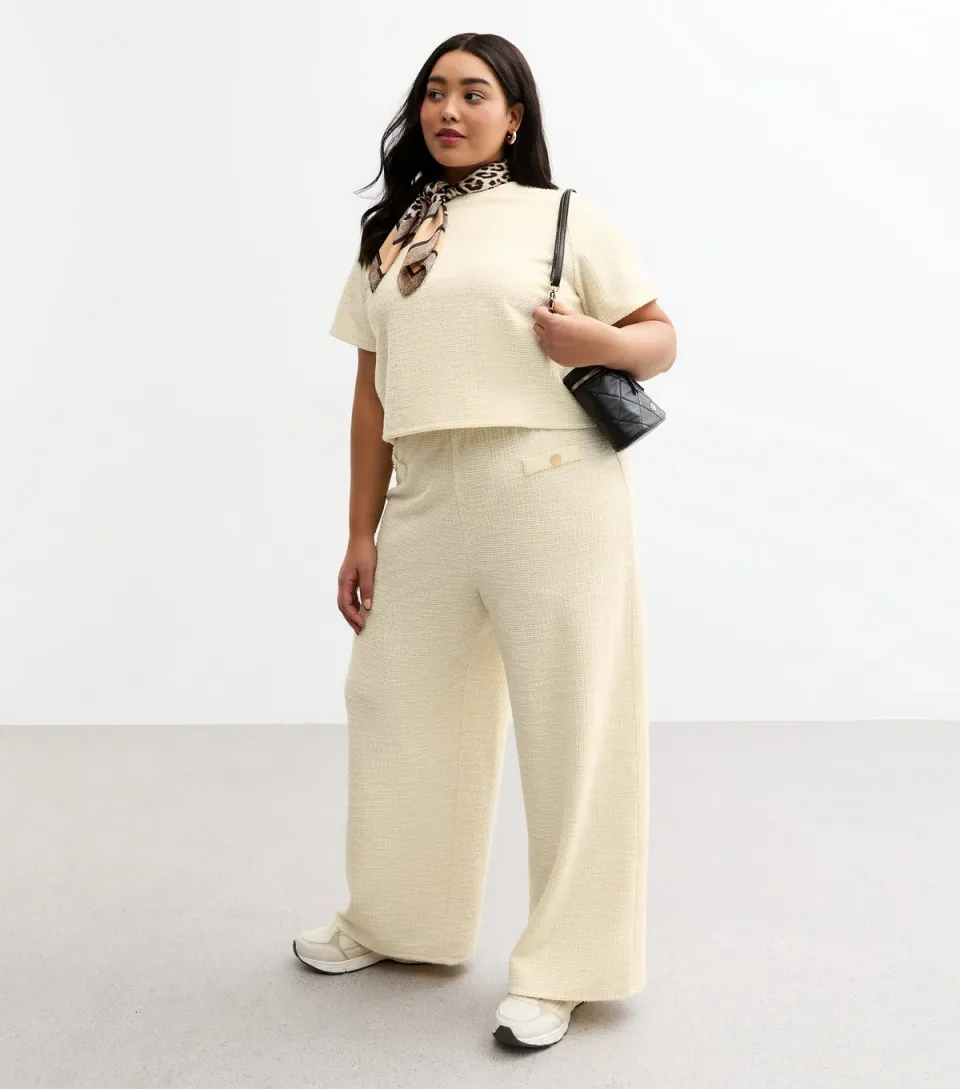 Women's Plus Size Cream Textured Button Detail Wide Leg Trousers Curves
