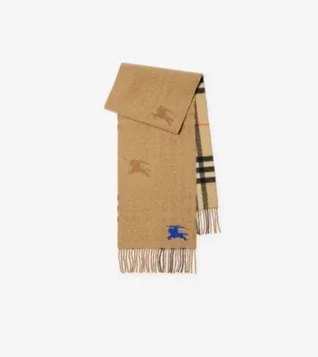 Reversible Knight Check Cashmere Scarf in Sand beige