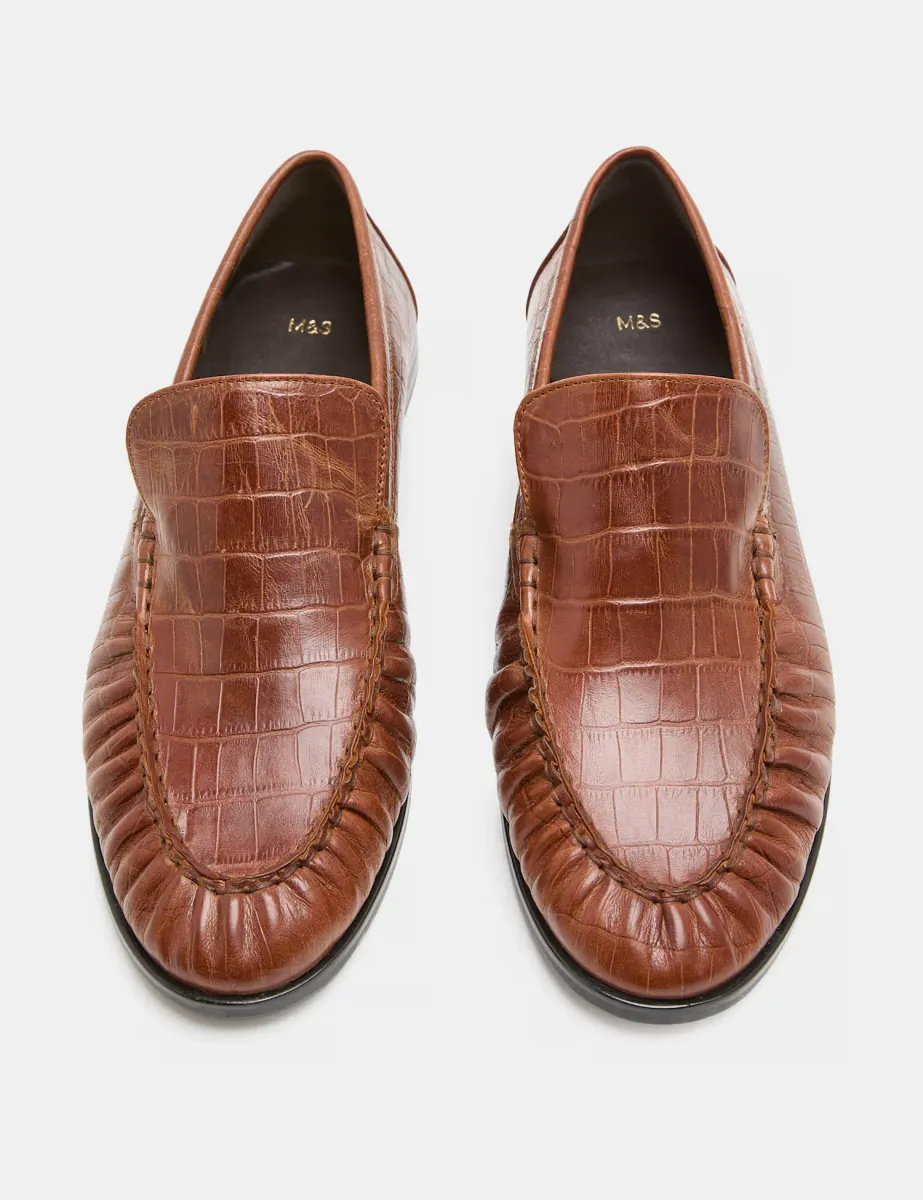Leather Croc Ruched Loafers Tan