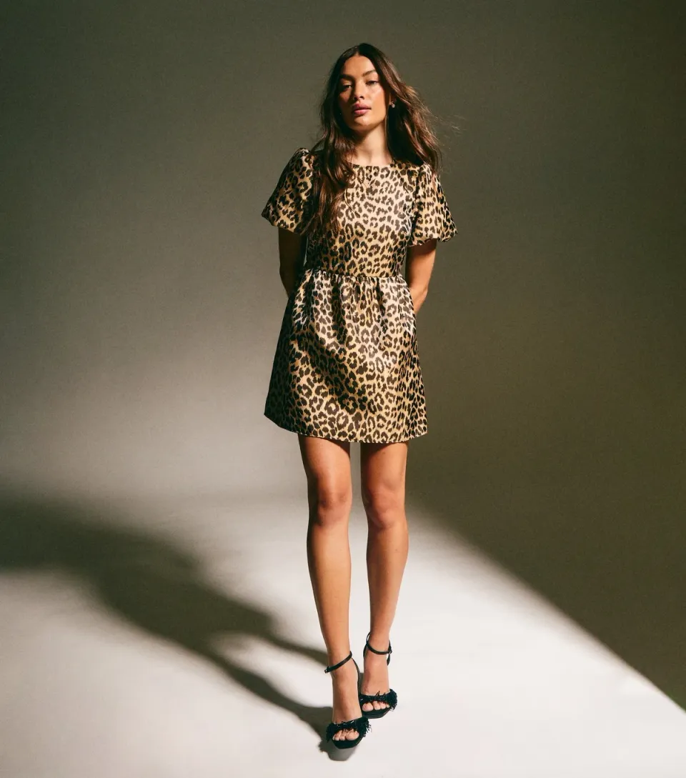 Women's Brown Leopard Print Jacquard Mini Dress