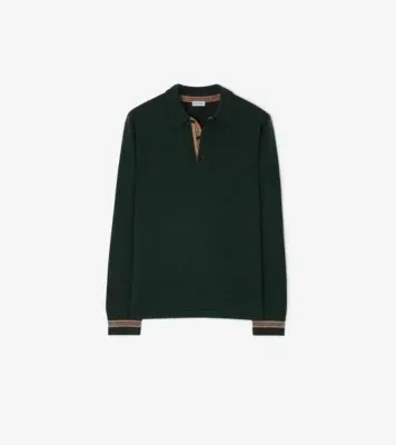 Long-sleeve Wool Polo Shirt in Deep forest green