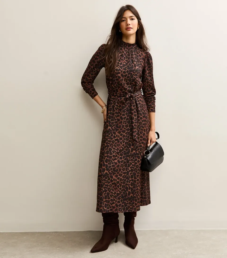 Women's Brown Animal Print High Neck Midi Dress