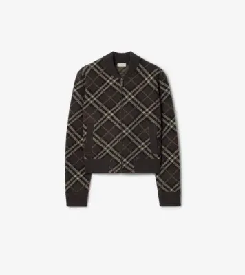 Check Wool Cashmere Bomber Jacket in Truffle brown
