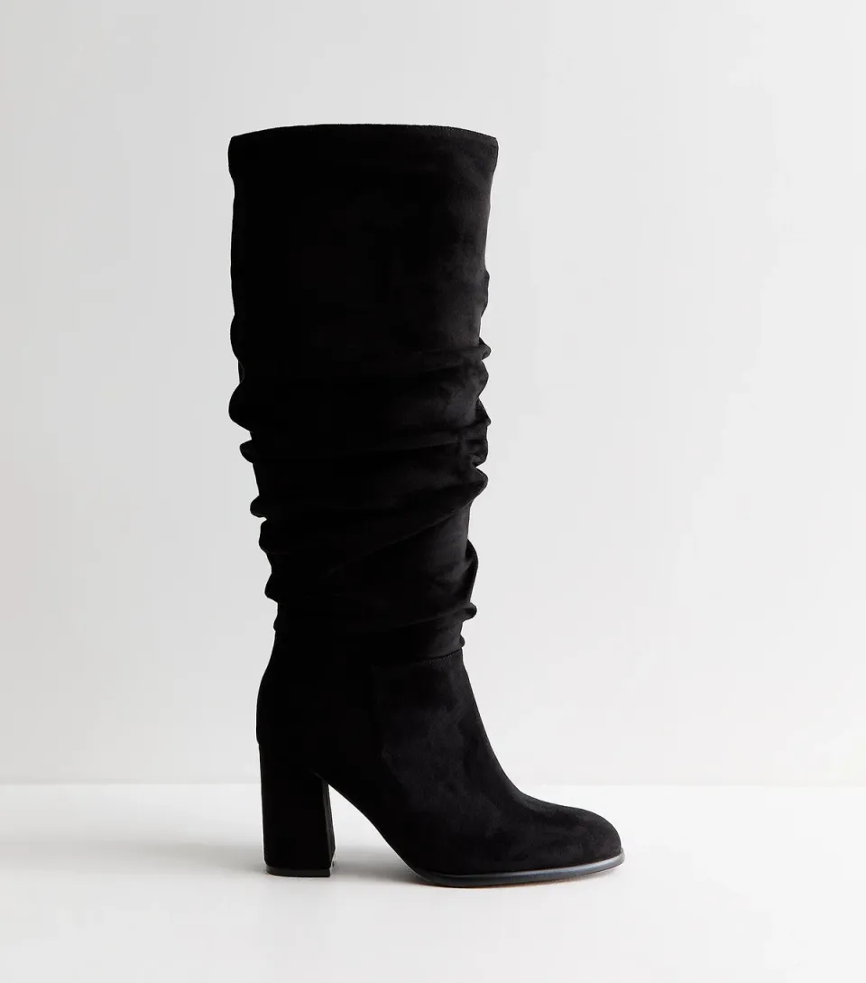 Women's Wide Fit Black Faux Suede Ruched Block Heel Boots Vegan