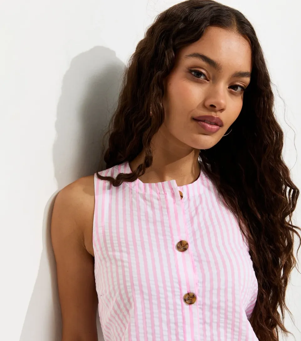 Women's Petite Pink Seersucker Stripe Button Front Waistcoat