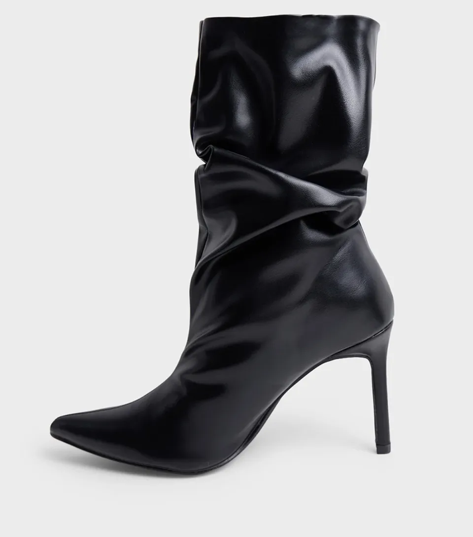 Women's Black Lilu Faux Leather Ruched Midi Heel Ankle Boots