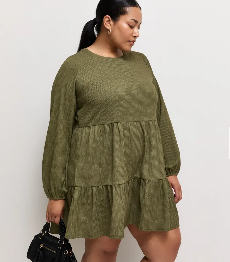 Women's Plus Size Dark Khaki Crinkle Texture Long Sleeve Smock Mini Dress Curves