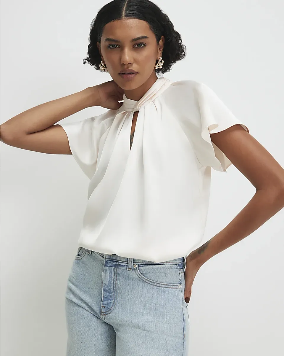 Satin Angel Sleeve Twist Front Top