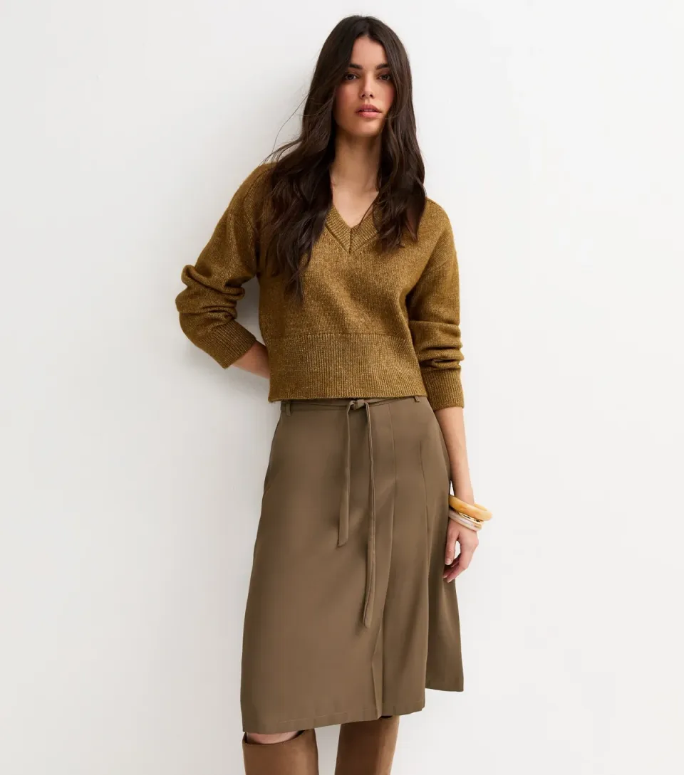 Women's Khaki Tailored Wrap Midi Skirt