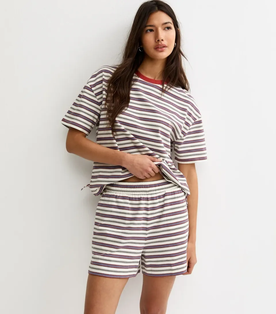 Women's Red and White Cotton Striped Jogger Shorts