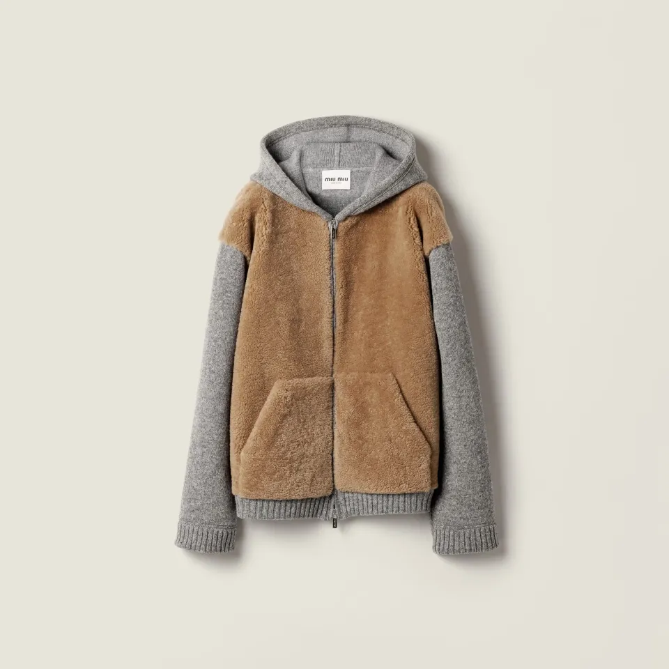 Wool, cashmere and shearling zipper blouson jacket