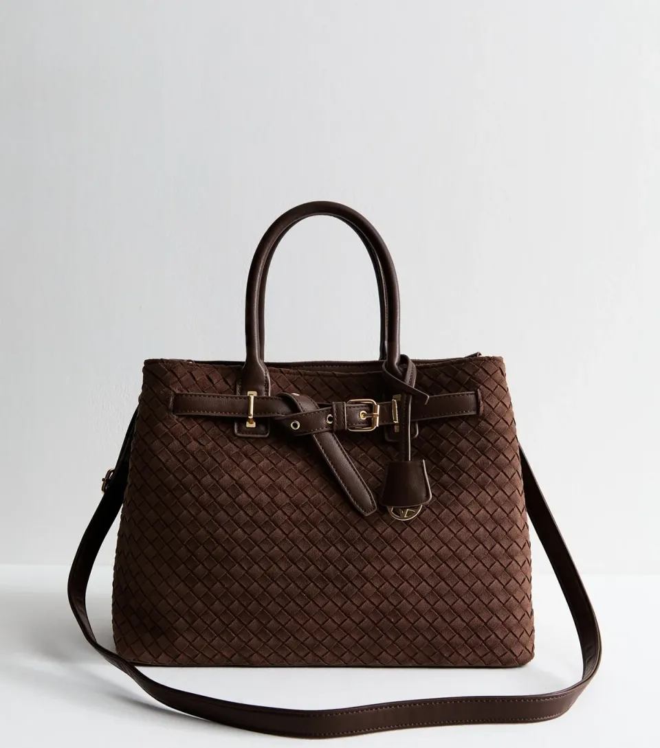 Dark Brown Faux Suede Triple Compartment Tote Bag Vegan