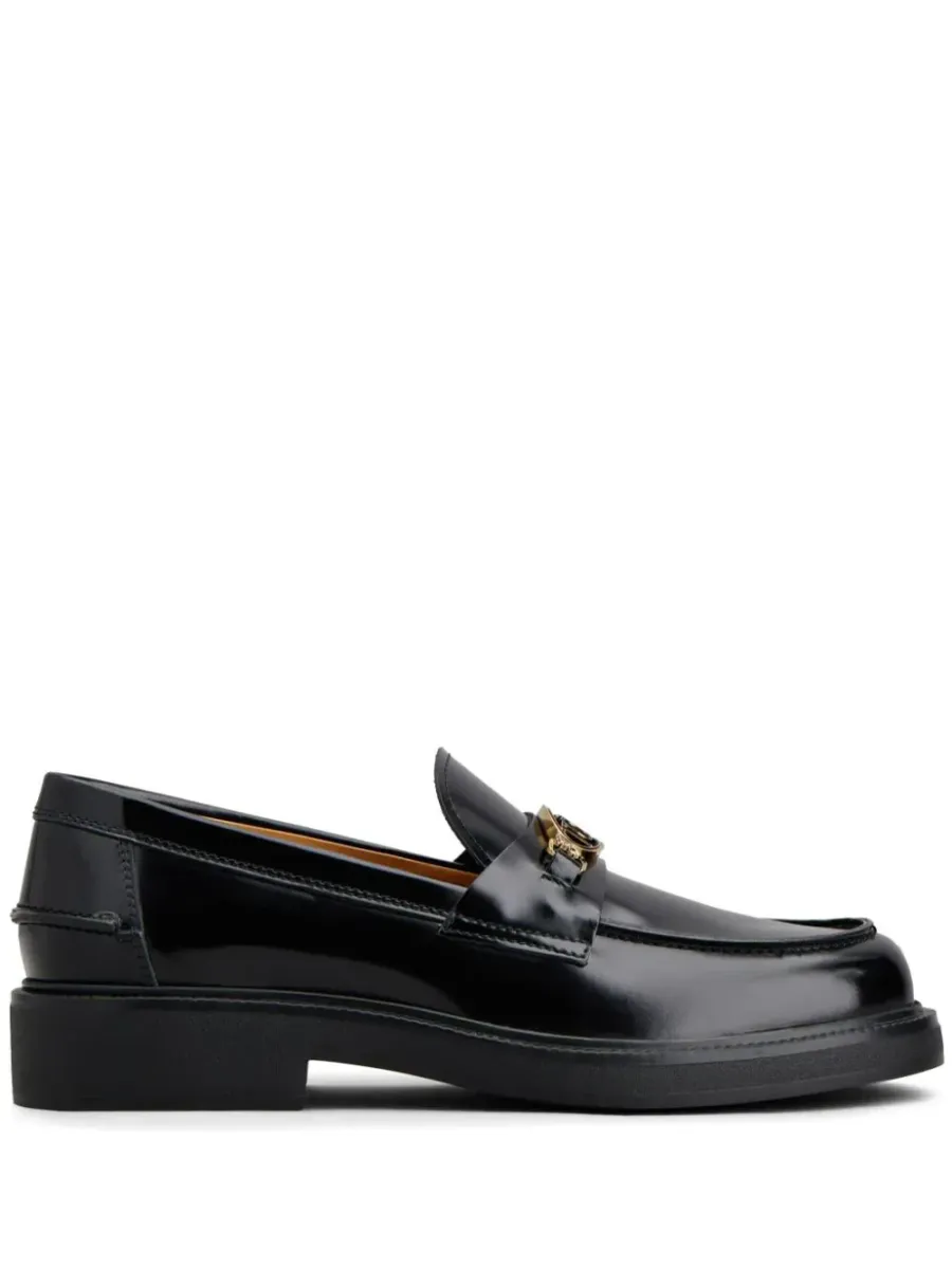 Logo Plaque Leather Loafers Black