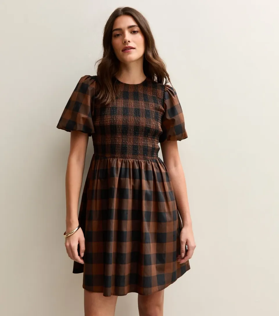 Women's Brown Check Shirred Bodice Mini Dress