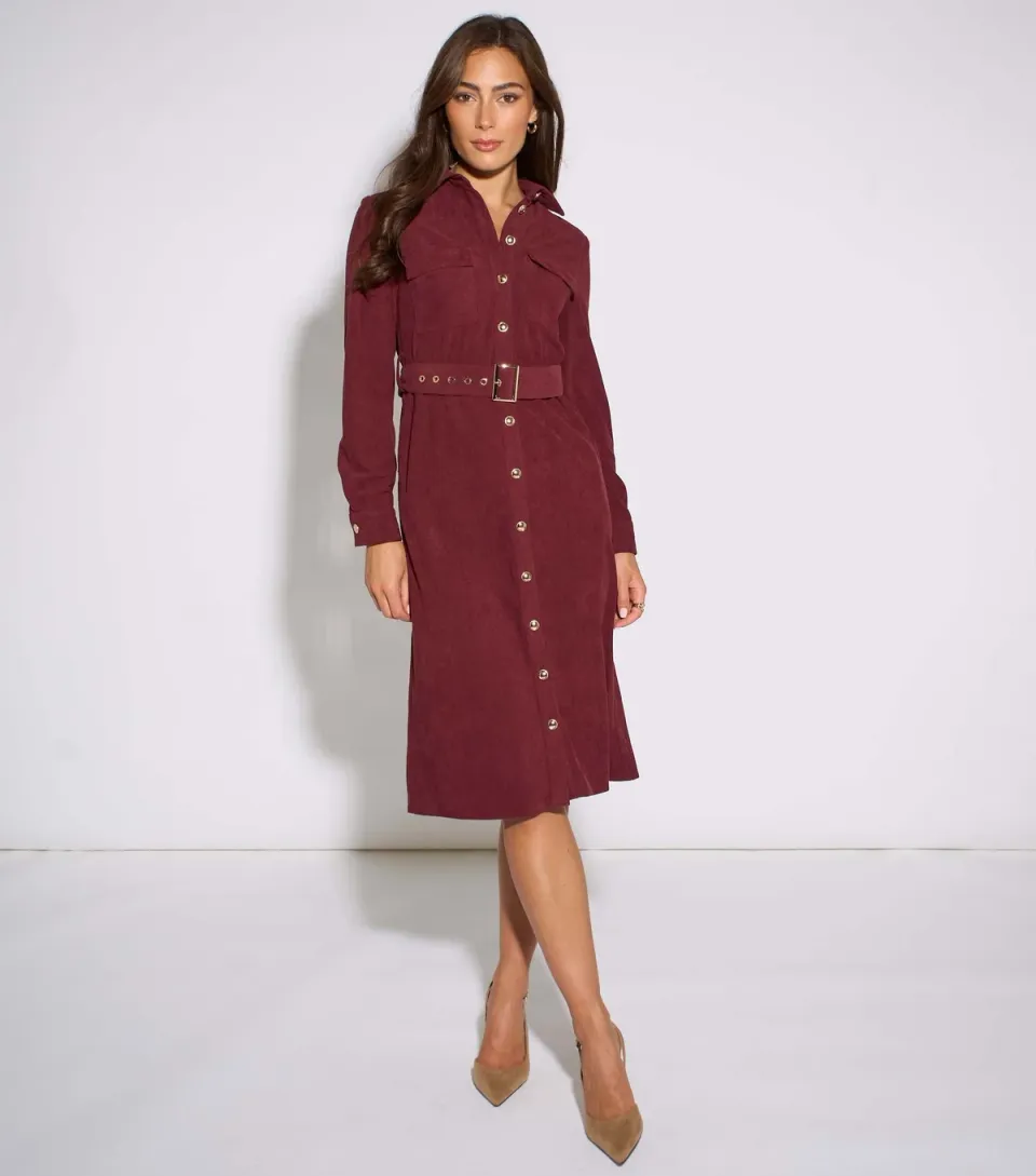 Women's Dark Red Corduroy Belted Shirt Midi Dress