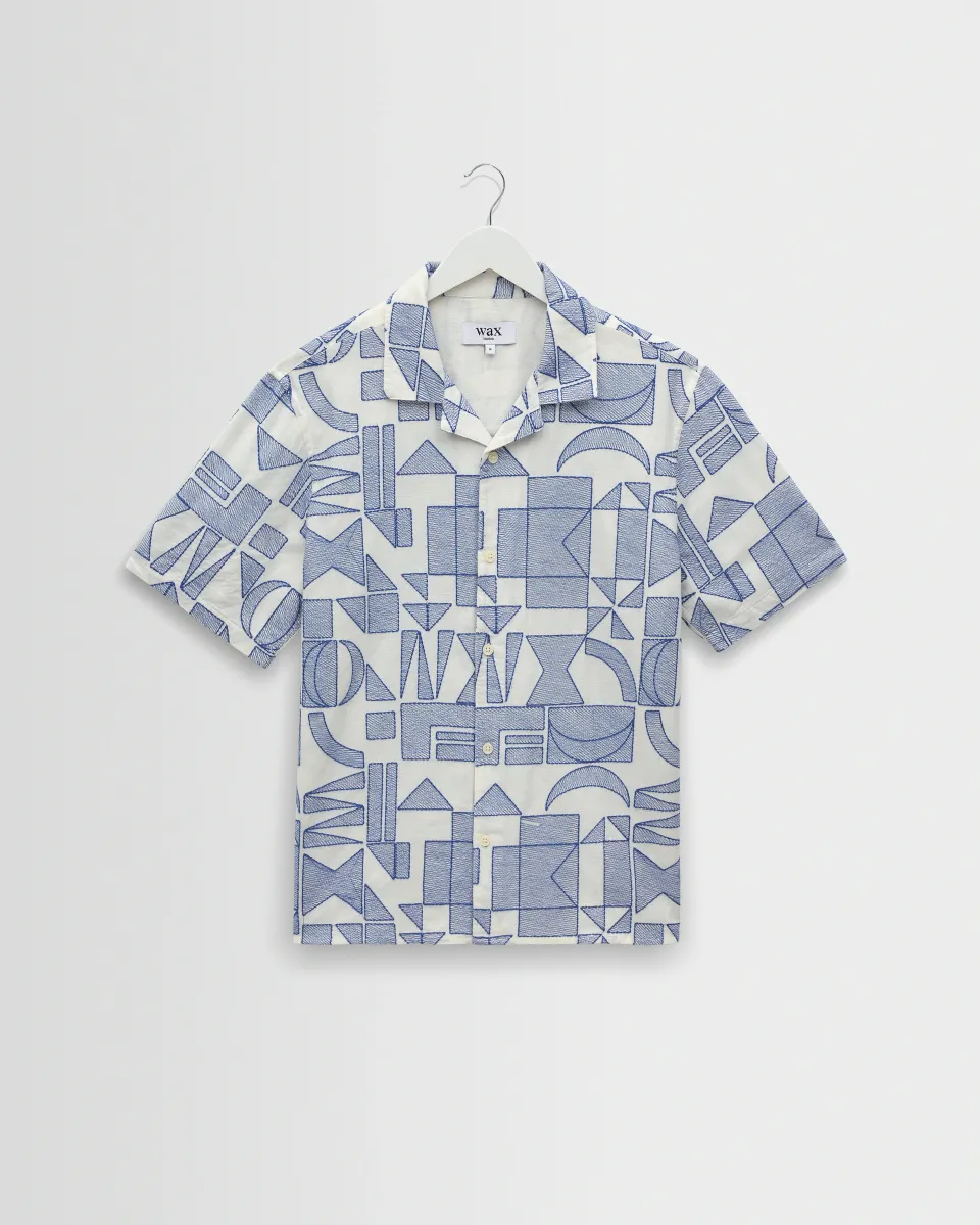 Didcot - Ecru and Blue Geometric Embroidered Short-Sleeve Shirt