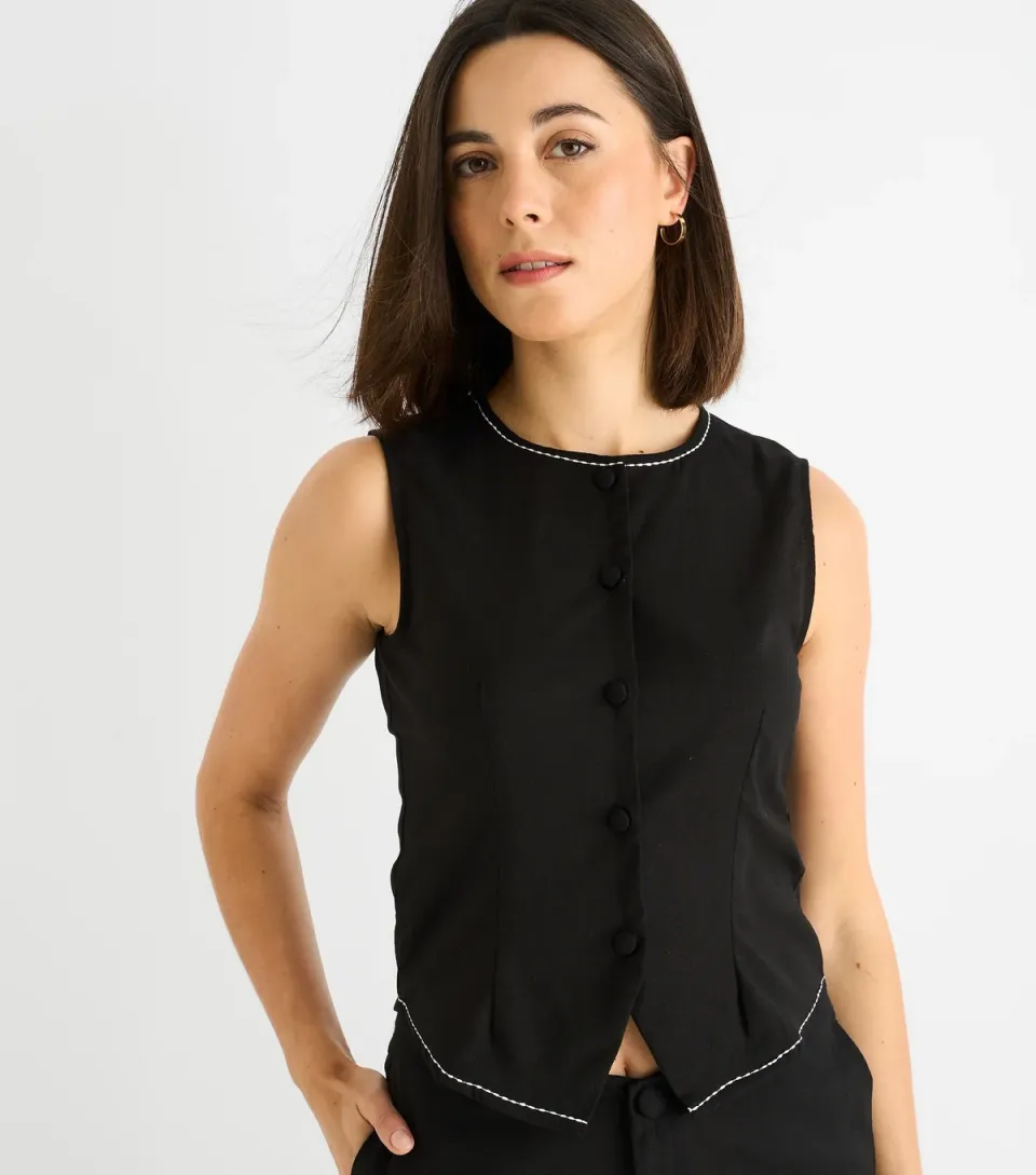 Women's Black Contrast Stitch Button Up Top