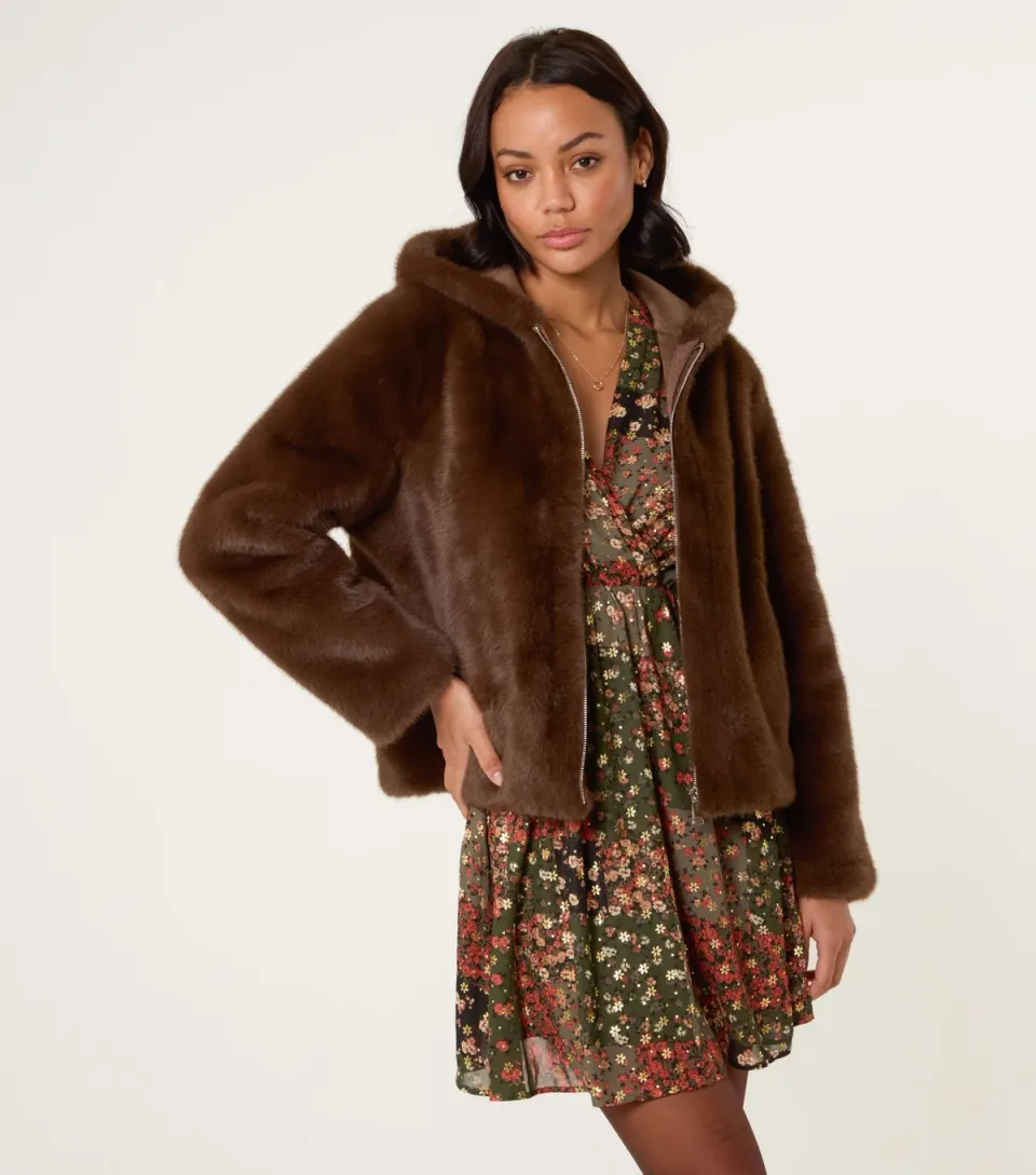 Women's Brown Faux Fur Hooded Jacket