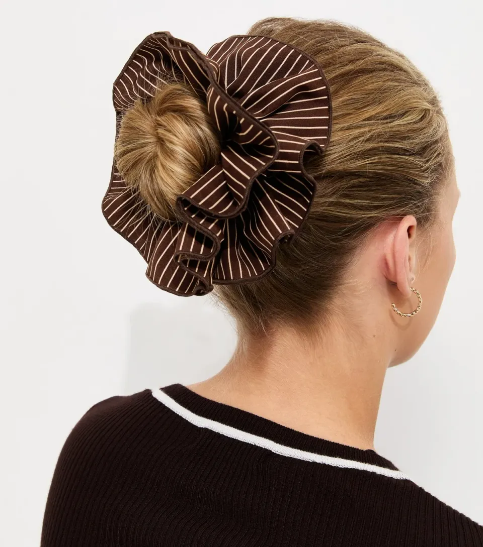 Brown Striped Ruffle Scrunchie