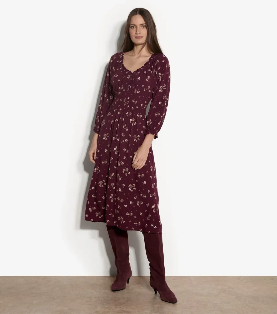 Women's Dark Burgundy Ditsy Print Midi Dress