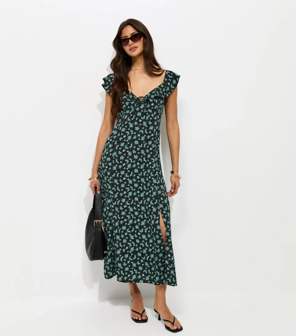 Women's Black Ditsy Floral Ruffled Neck Midi Dress