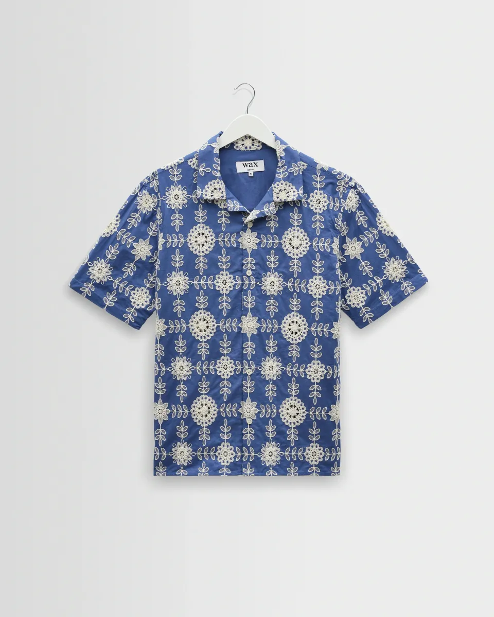 Didcot - Blue and Ecru Corded Lace Short-Sleeve Shirt