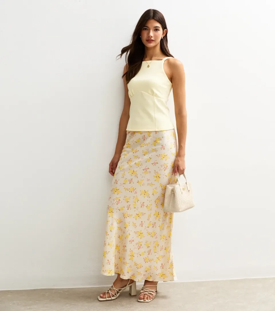 Women's Yellow Floral Print Bias Cut Midi Skirt