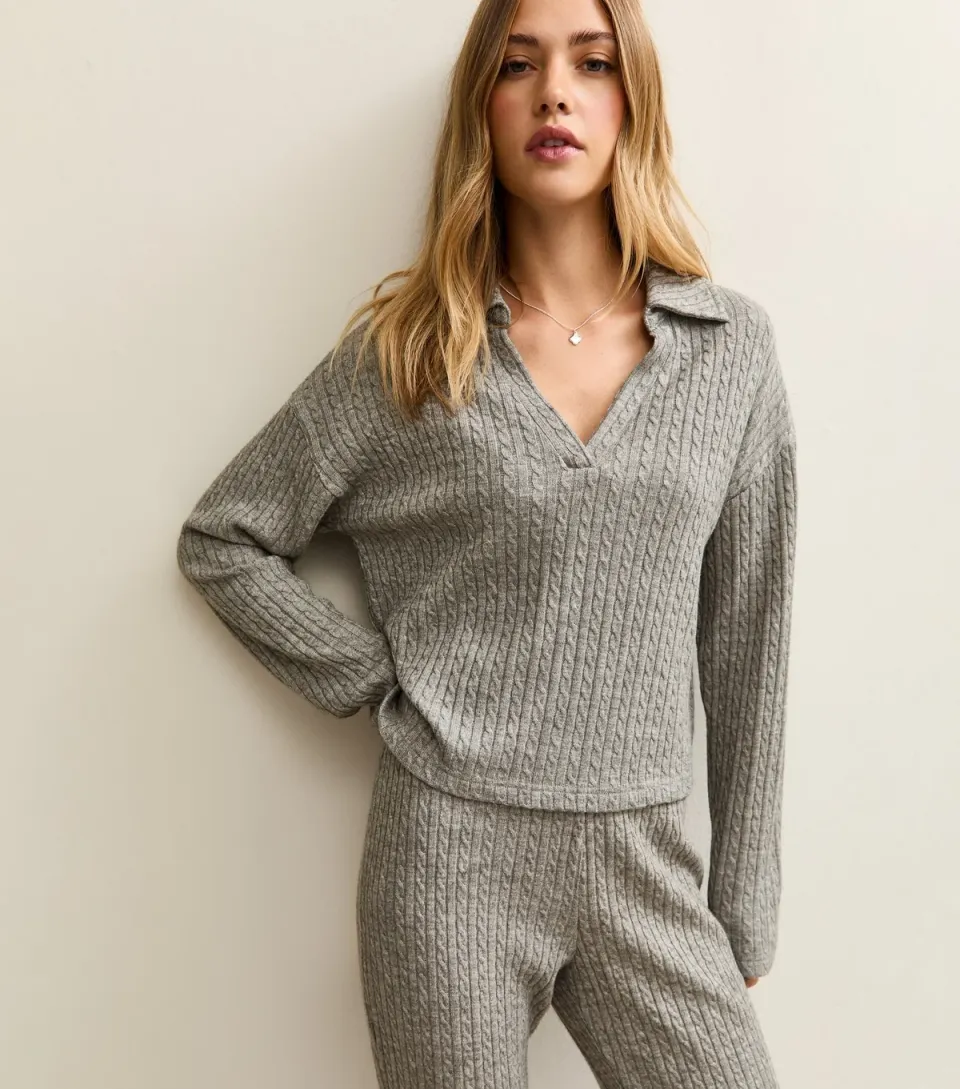 Women's Mid Grey Soft Touch Cable Knit Polo Top