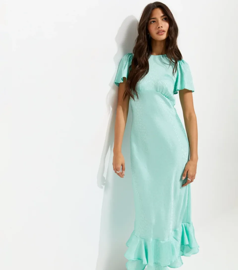 Women's Light Blue Satin Ruffled Hem Midi Dress