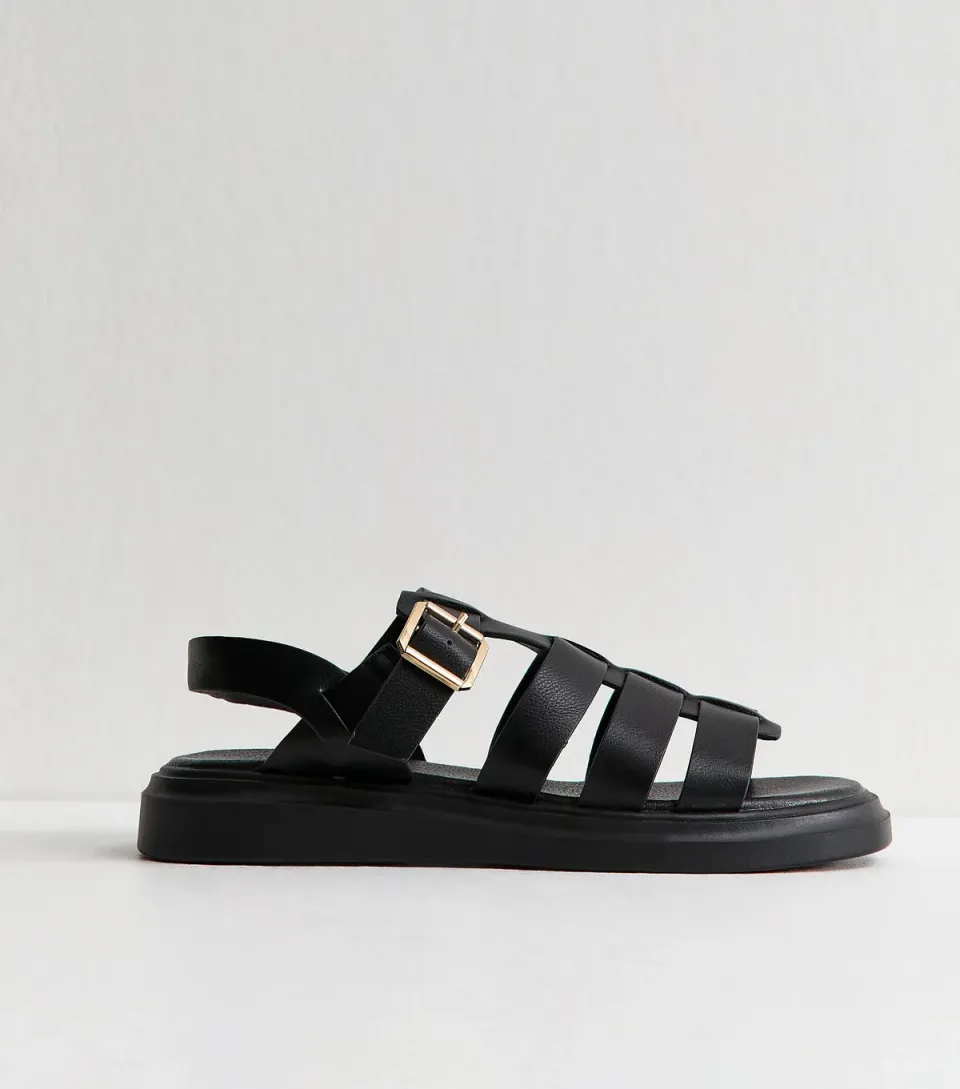 Women's Wide Fit Black Faux Leather Chunky Gladiator Sandals Vegan