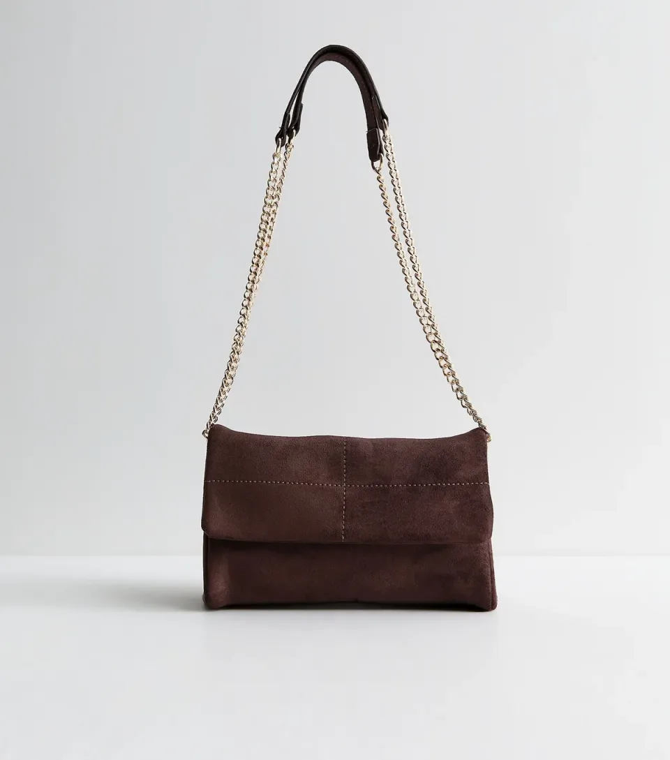 Dark Brown Faux Suede Quilted Stitch Front Crossbody Bag Vegan