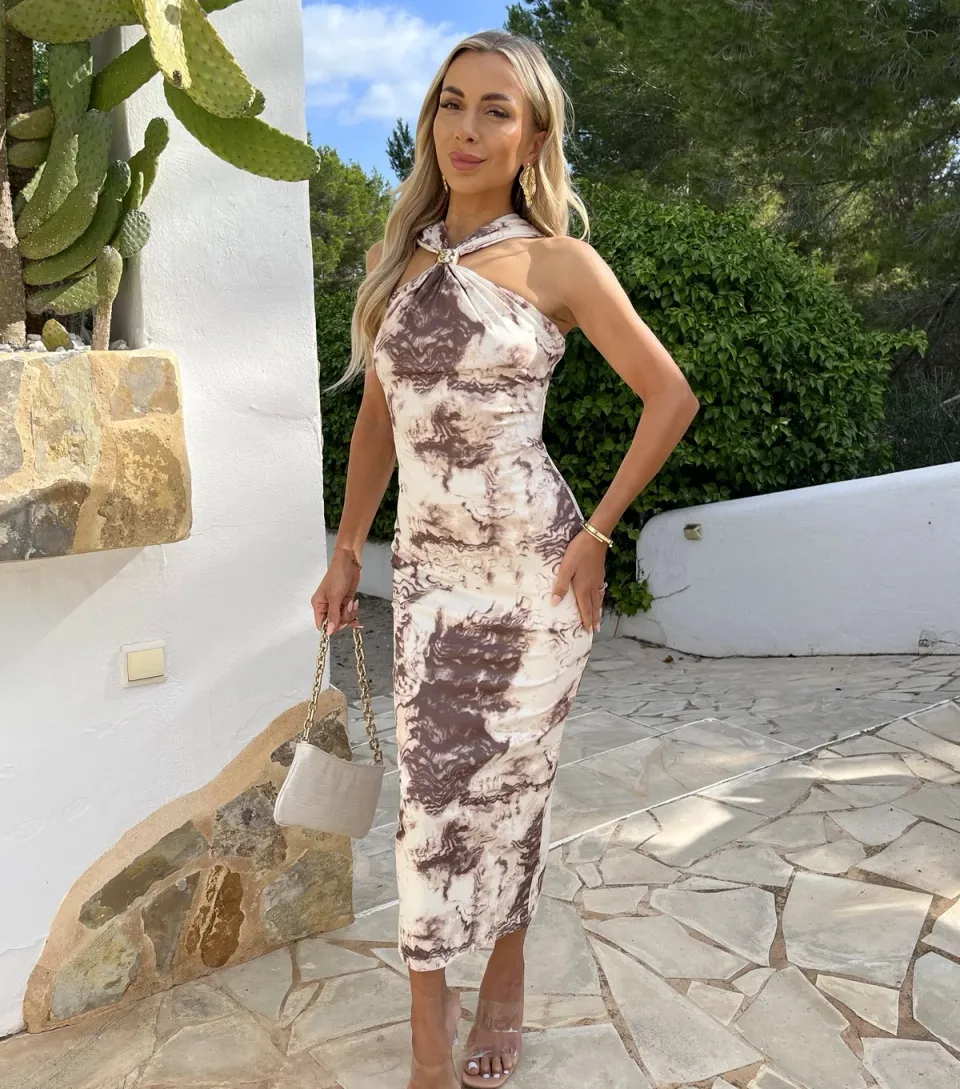 Women's Multicolour Gold Trim Halter Neck Midi Dress