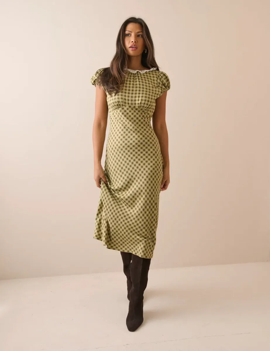 Checked Midi Skater Dress Green